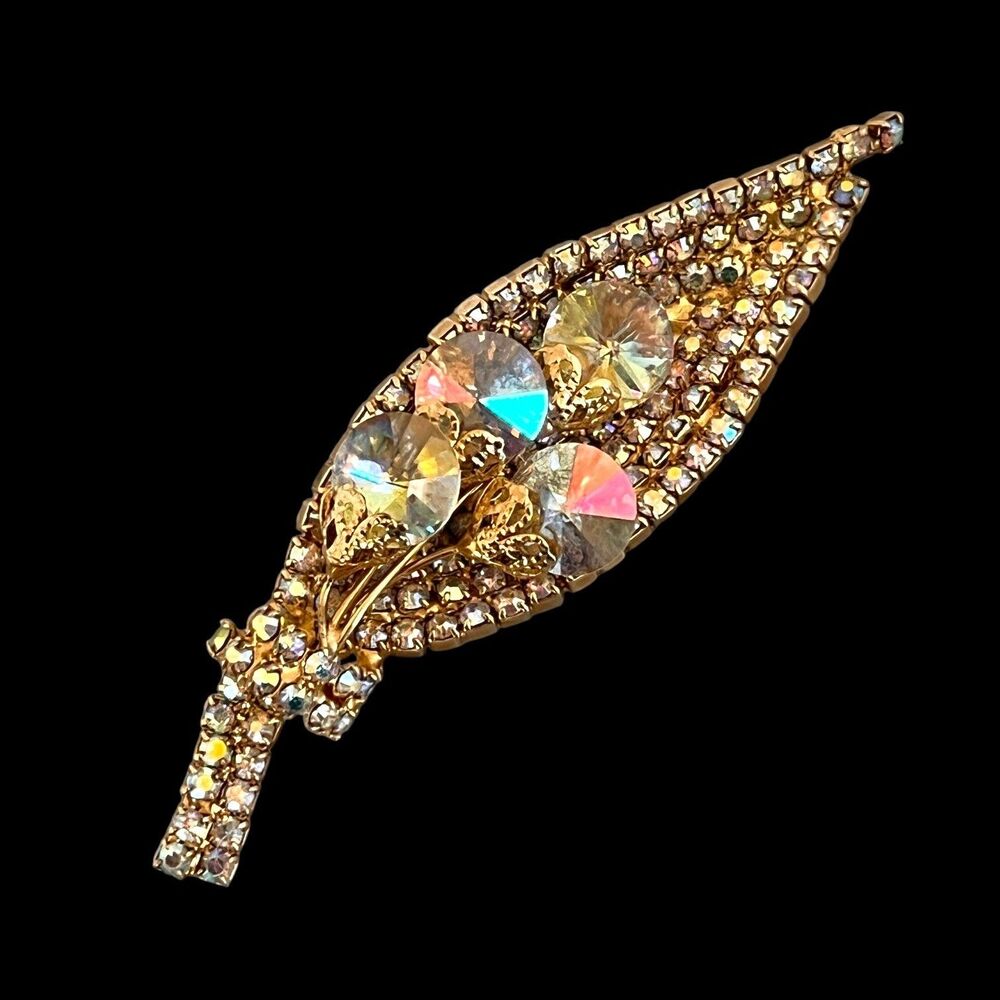 Vintage 1960s AB Crystal Leaf Brooch Pin Gold Tone Mid Century - 7Y